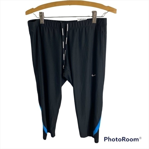Nike Workout Capri Pants Large Black Blue Drawstring Women’s Dri Fit - Picture 1 of 7